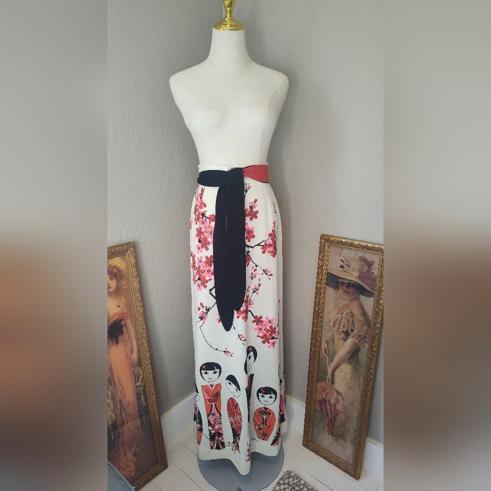 1970s Shaheen Floral Maxi Skirt with Red & Black Sash